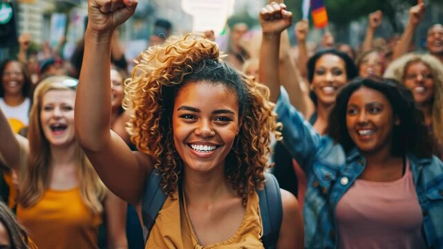 Empowered women raise fists in solidarity during a vibrant feminist protest in the city center
