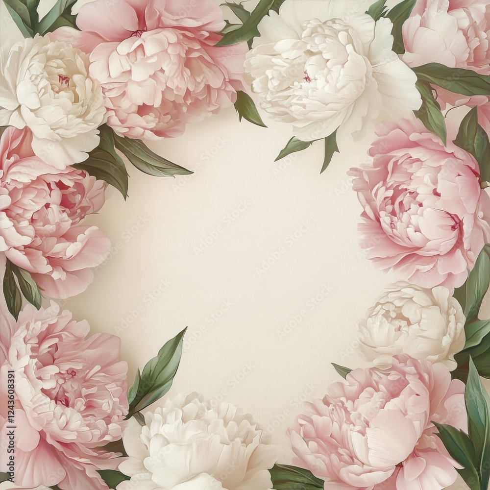 Poster Bouquet of soft pink and white peonies arranged around a blank space for personalized messages in a romantic setting