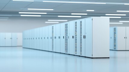 Modern Data Center Server Room - Rows of sleek, white server cabinets in a clean, modern data center.  High-tech infrastructure.