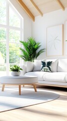 Fototapeta premium Modern Living Room Interior Design - Bright, airy living room with white sofa, round ottoman, large window, and potted plants. Minimalist decor.