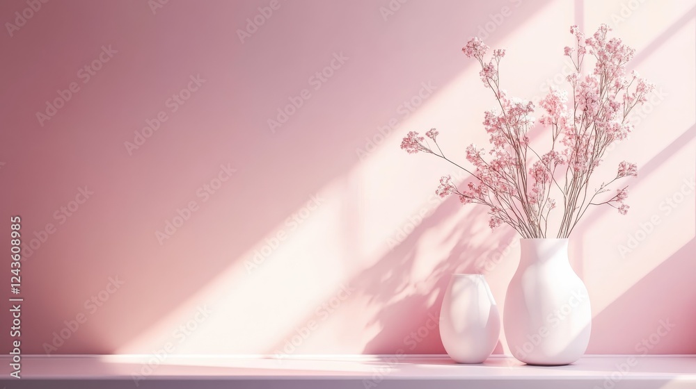 Aufkleber elegant pastel pink gradient backdrop with delicate flowers in simple vases creating a serene atmosp