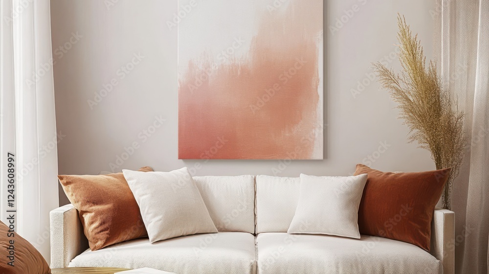 Aufkleber minimalist white canvas art adorned with a single pencil on a cozy sofa in a serene living room sett