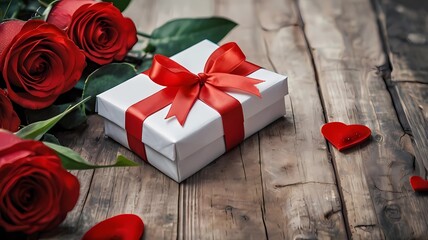 Valentine day red rose and gift box on wooden background