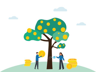 Characters picking bitcoin and watering cryptocurrency green tree with many bitcoins coins. Bitcoin investment and profit concept.