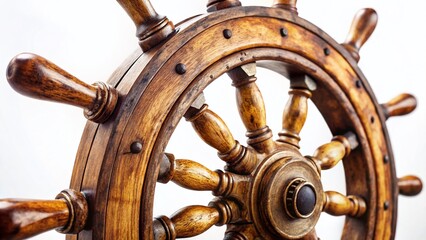 Rustic Wooden Ship Wheel on White Background: Nautical Decor & Maritime Photography