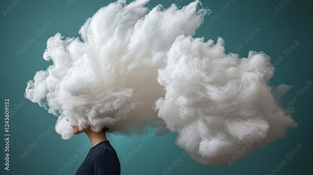 Poster A woman's head is partially enveloped in swirling white mist, set against a gradient backdrop shifting from deep indigo to soft azure, creating an ethereal effect