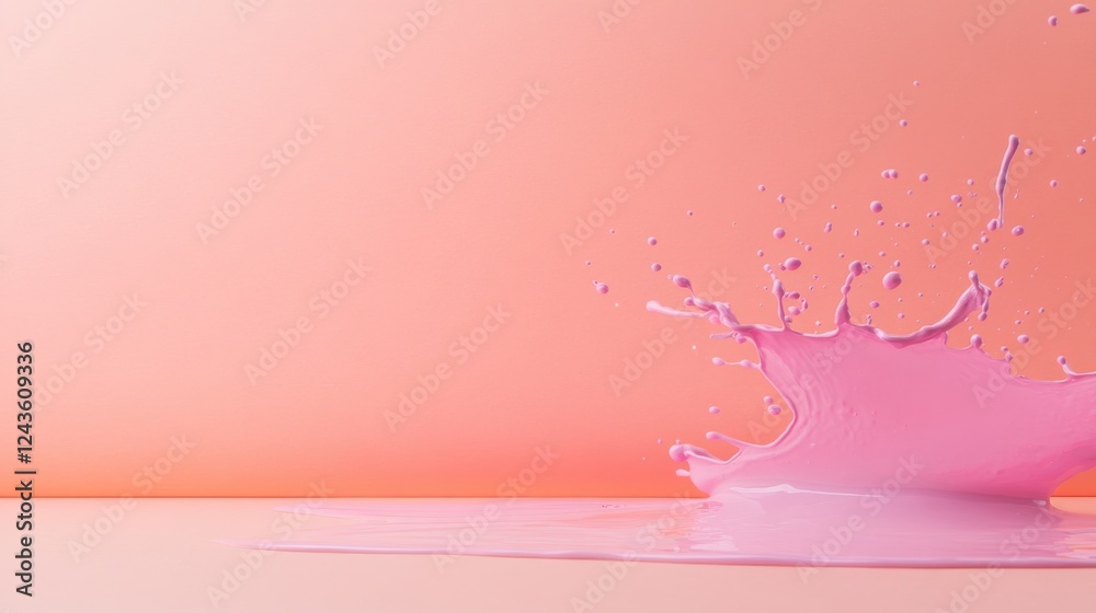 Poster a dynamic splash of pink paint freezes mid-air, contrasted against a peach to lavender gradient. the