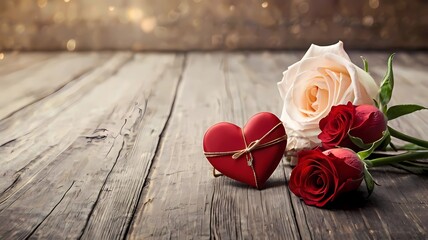 Valentine day background bouquet of red roses on wooden background