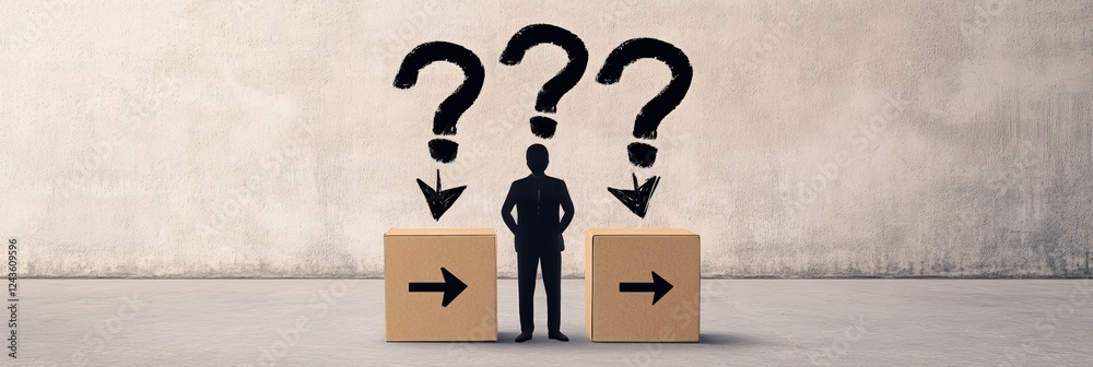 Poster Businessman standing between two cardboard boxes with arrows pointing in opposite directions, representing decision making and uncertainty with question marks above