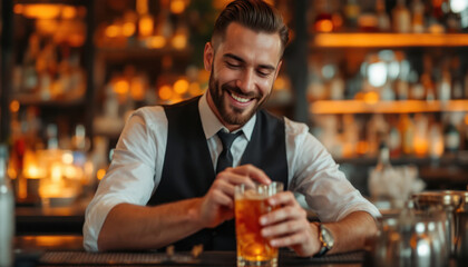 Happy Barman Carefully Inspecting a Cocktail