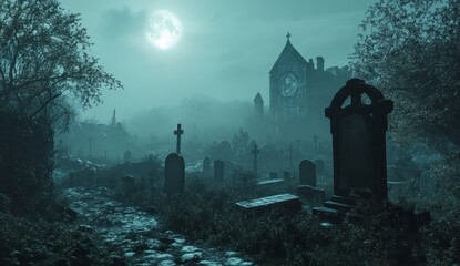 Eerie nighttime scene at a graveyard, misty atmosphere, full moon, dark grey and blue tones, old tombstones, gothic church in background. Spooky and