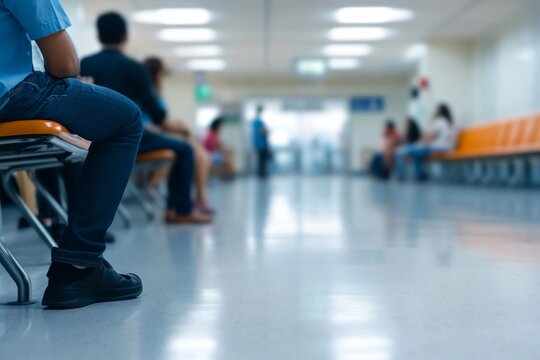 A diverse group of individuals sits in a hospital waiting area, displaying a range of expressions while waiting for their appointments in a calm and sterile space
