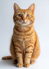 Obraz premium Adorable tabby cat with bright golden eyes, sitting confidently against a clean white background, showcasing its beautiful striped fur and playful expression