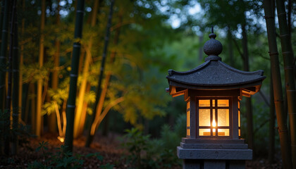 Japanese lantern glowing among bamboo in twilight, serene ambiance