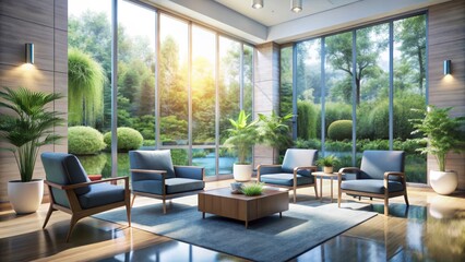 Fototapeta premium Bright and Inviting Modern Living Room with Scenic Outdoor View