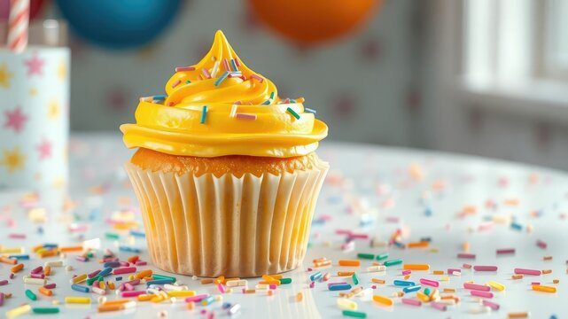Vanilla cupcake with golden frosting and colorful sprinkles on a birthday table, sparkler, birthday cupcake, kid's party