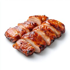 Deliciously Grilled Chicken Slices Glazed with Sweet and Savory Barbecue Sauce on a Simple White Background