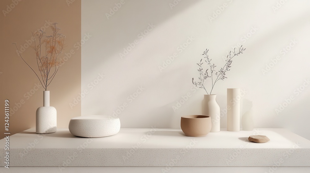 Poster abstract white composition featuring minimalistic vases and delicate floral arrangements in a serene