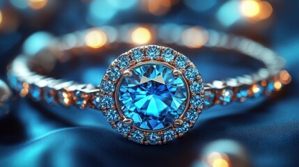 Fototapeta premium Blue Sapphire Ring, Festive Lights, Silk