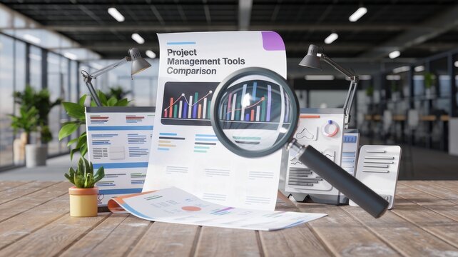 Project management tools comparison concepts. Documents and graphs on a desk with a magnifying glass in a modern office setting.