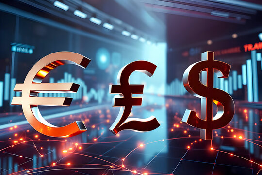 Currency symbols - dollar, pound sterling and euro in a futuristic digital space with bright neon blue and orange accents against the background of glowing lines and graphs