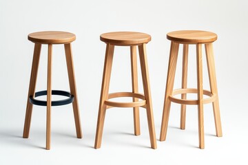 Modern Wooden Bar Stools Set - Three minimalist light oak bar stools with dark footrests. Perfect for modern kitchens or bars.