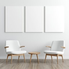 Modern Minimalist Living Room with White Armchairs and Blank Canvas Mockup