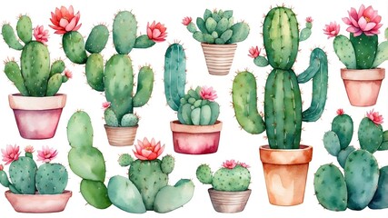 Various types of cacti in colorful pots with blooming flowers against a white background