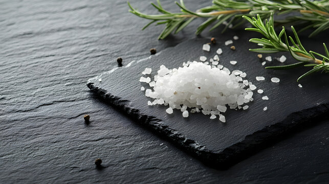 A minimalist approach with coarse sea salt and rosemary sprigs on a flat slate surface, emphasizing clean lines and simplicity.