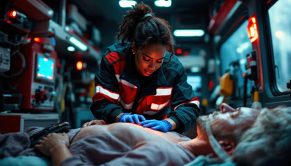 Paramedic providing emergency medical care to a patient