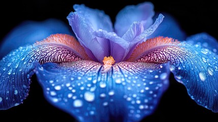 Close-up of a vibrant blue flower with droplets, showcasing intricate petal details against a dark background