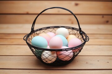 black wire mesh basket with pastel colored eggs wooden surface