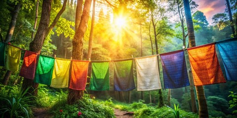 Serene Buddhist Prayer Flag in Lush Green Forest - Stock Photo