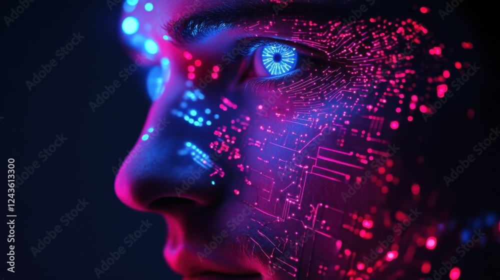 Leinwandbilder vibrant portrait of a man's face illuminated with digital circuits and glowing elements in a futuris