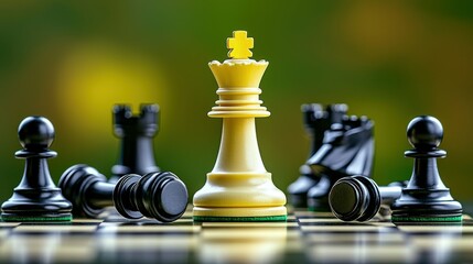 White chess king standing victorious among fallen black pawns on a chessboard, showcasing the theme of success, strategy, and achieving goals despite challenges.