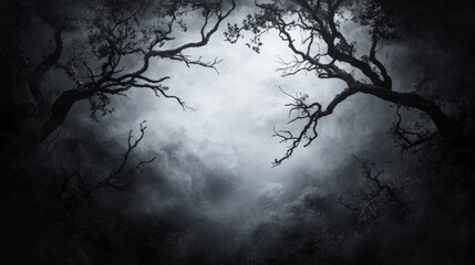 Obraz premium Mysterious foggy forest with silhouetted branches in vintage monochrome texture for atmospheric designs