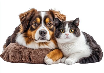 Obraz premium Charming Dog and Cat Companionship Sitting Together on a Cozy Blanket in a Bright Studio Setting for Pet Lovers and Animal Enthusiasts