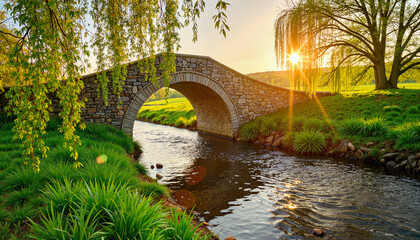 Idyllic stone bridge over tranquil stream at sunset, natural beauty