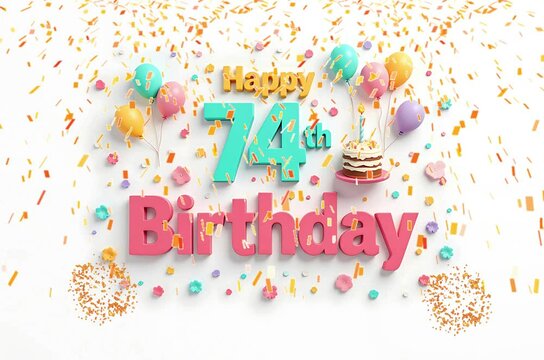 Animated 3D Happy 74th Birthday background video in pastel theme with floating balloons, lit candles, fireworks, and confetti shower