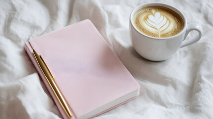 A pink notebook with a gold pen rests beside a cup of latte art coffee on a white bedsheet.  Perfect morning scene!