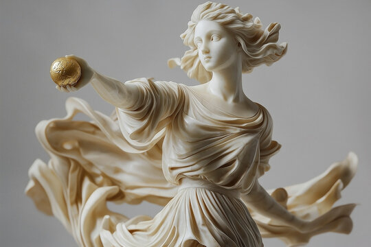 Eris, the goddess of discord with an apple. Antique marble statue. Ancient Roman and Greek mythology. Horizontal image.
