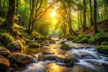 Serene Forest Stream: Lush Greenery, Flowing Water, Rocks, Warm Sunlight - 4K Stock Photo