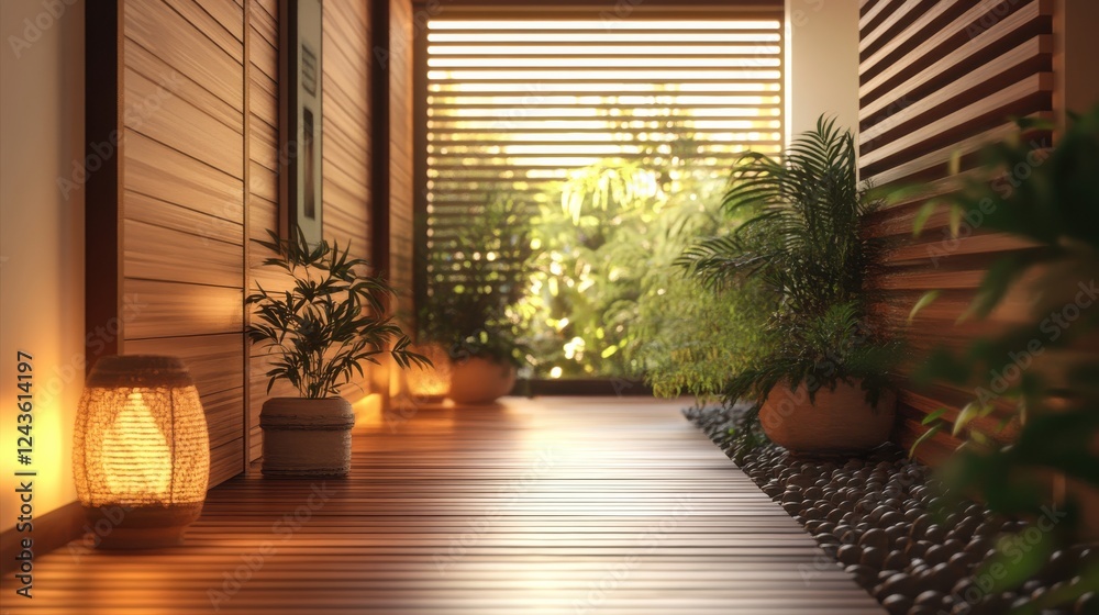 Poster tranquil hallway with wooden slats and greenery illuminated by soft lights in a serene atmosphere