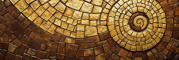 Fototapeta premium Intricate golden spiral pattern on brown mosaic tiles showcasing artistic craftsmanship and design