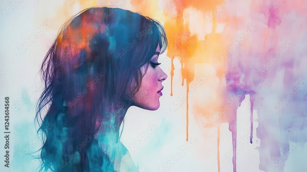 Poster surreal representation of a woman glowing amidst vivid colors and abstract patterns in a dreamlike a