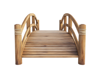 A charming wooden footbridge featuring an arched design and rope accents on its posts.