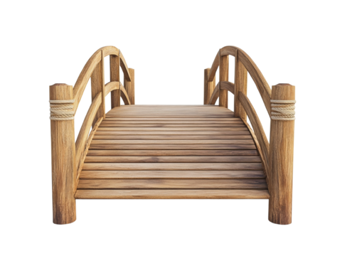 A charming wooden footbridge featuring an arched design and rope accents on its posts.