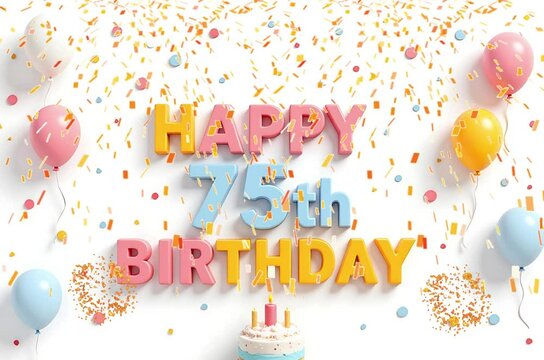Animated 3D Happy 75th Birthday background video in pastel theme with floating balloons, lit candles, fireworks, and confetti shower