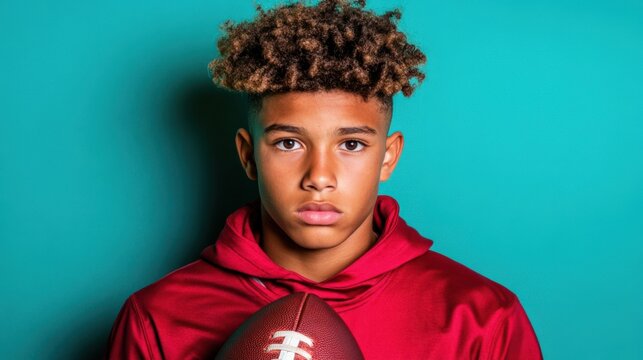 A Young Male Football Player with Curly Hair Posing Confidently in a Red Hoodie Against a Vibrant Turquoise Background Holding a Football