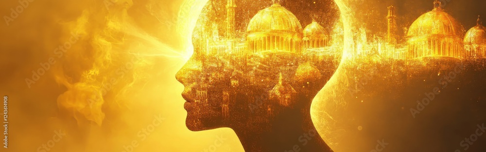 Poster surreal representation of a glowing man with a golden cityscape emerging from his mind at twilight